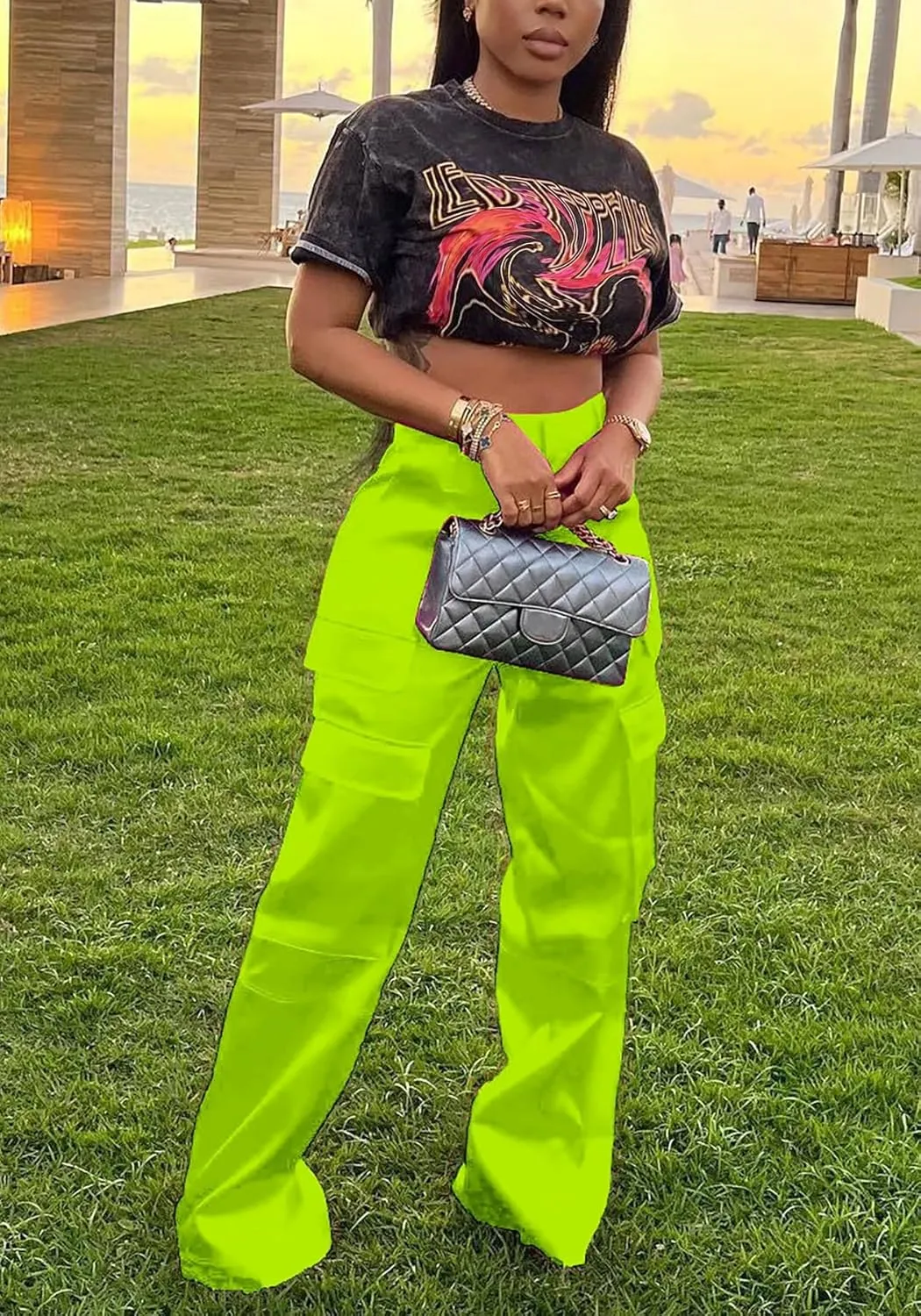 Satin Cargo Pants Womens Y2K High Waisted Straight Leg Trousers Multi-Pocket Cargo Pants Streetwear