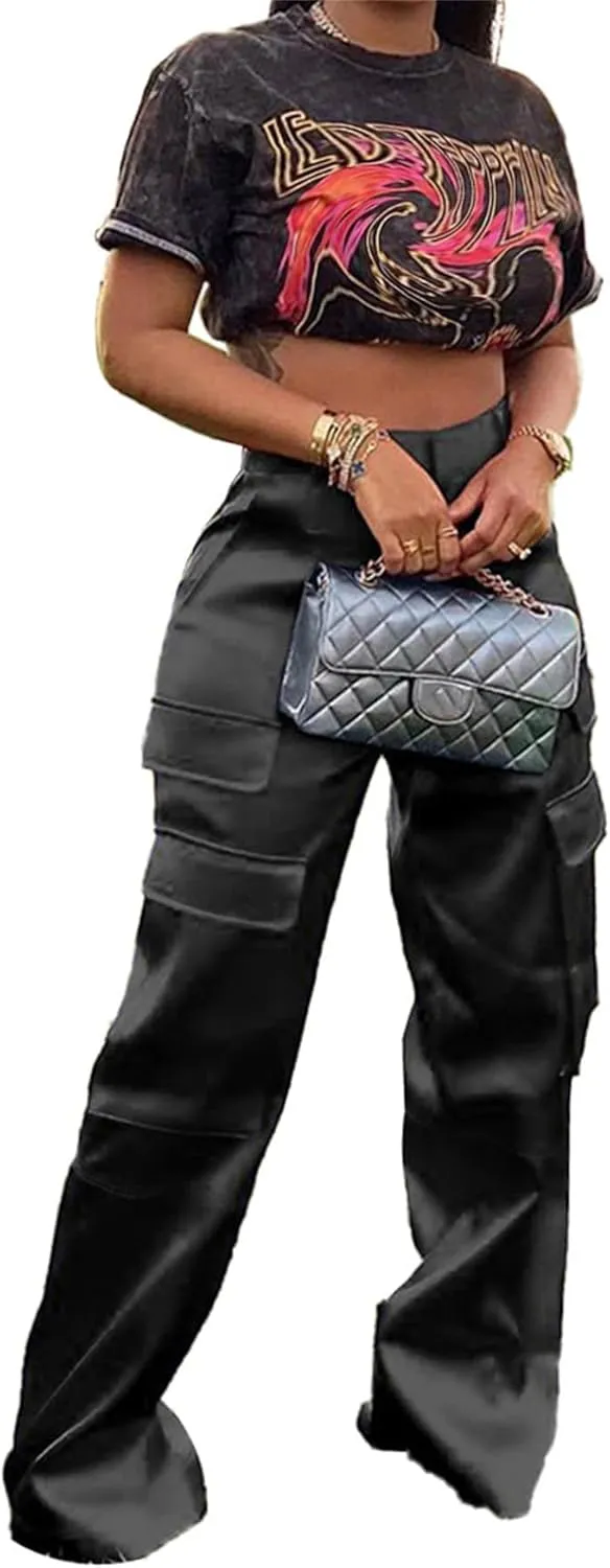 Satin Cargo Pants Womens Y2K High Waisted Straight Leg Trousers Multi-Pocket Cargo Pants Streetwear