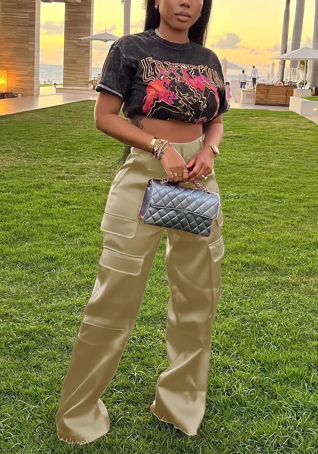 Satin Cargo Pants Womens Y2K High Waisted Straight Leg Trousers Multi-Pocket Cargo Pants Streetwear