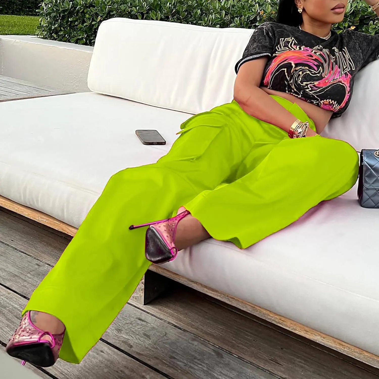 Satin Cargo Pants Womens Y2K High Waisted Straight Leg Trousers Multi-Pocket Cargo Pants Streetwear