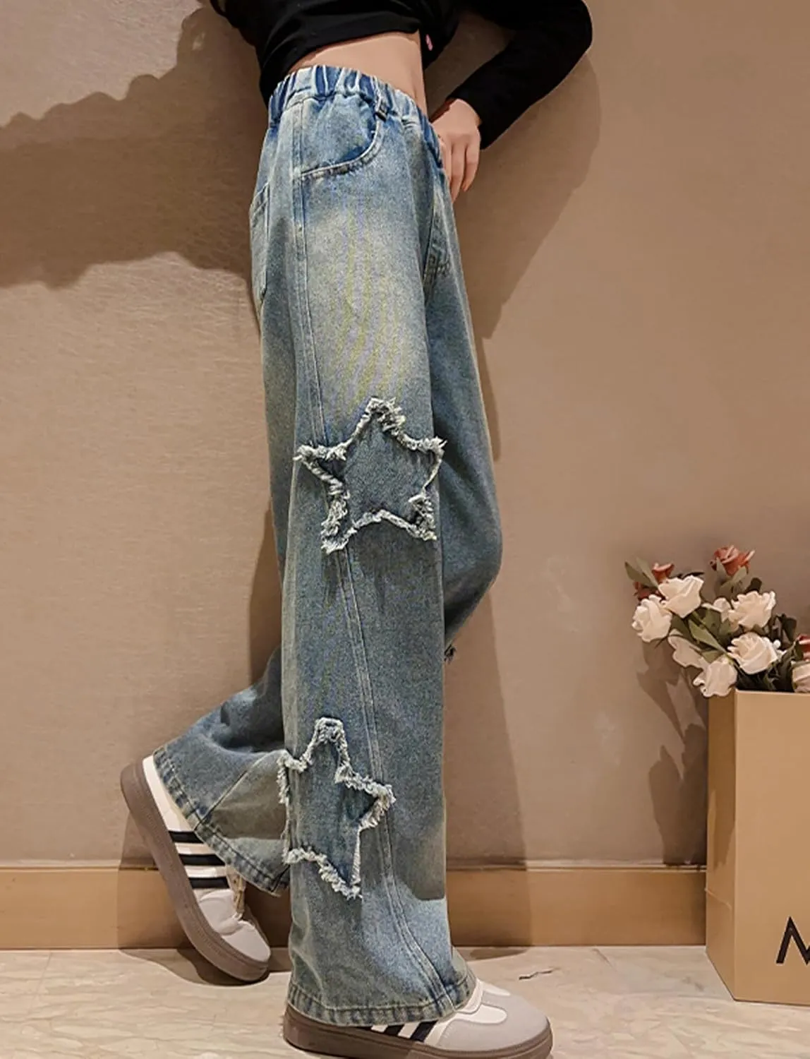 SEAUR Girls Baggy Straight Wide Leg Ripped Jeans Kids Fashion Elastic High Waist Denim Pants