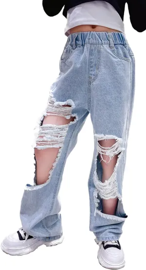 SEAUR Girls Baggy Straight Wide Leg Ripped Jeans Kids Fashion Elastic High Waist Denim Pants