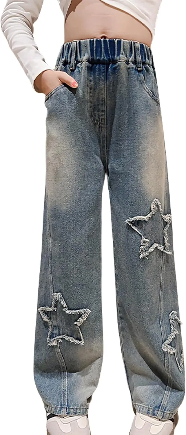 SEAUR Girls Baggy Straight Wide Leg Ripped Jeans Kids Fashion Elastic High Waist Denim Pants