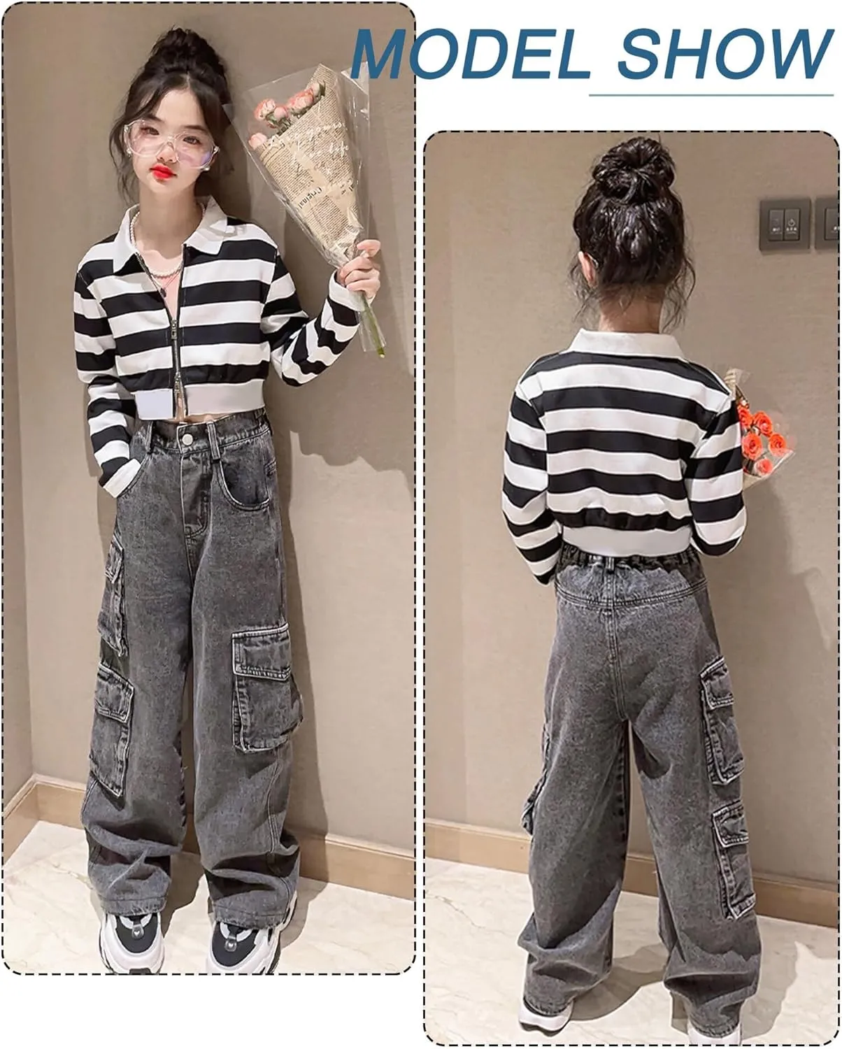 SEAUR Girls Baggy Straight Wide Leg Ripped Jeans Kids Fashion Elastic High Waist Denim Pants