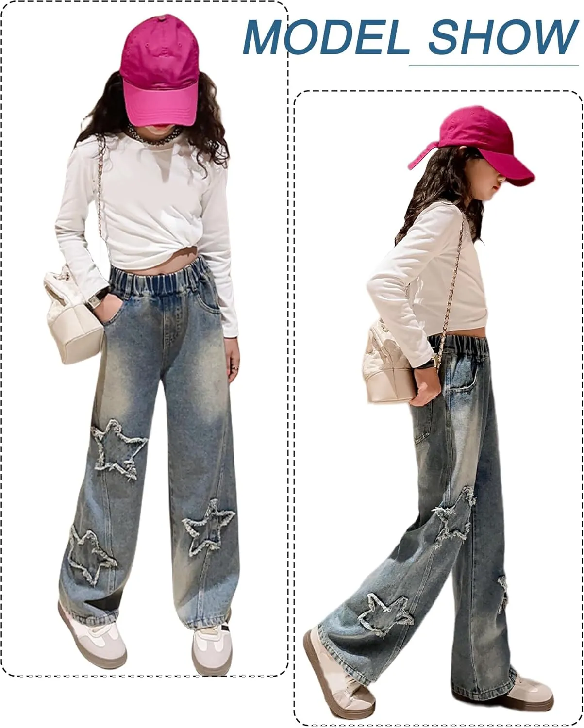 SEAUR Girls Baggy Straight Wide Leg Ripped Jeans Kids Fashion Elastic High Waist Denim Pants