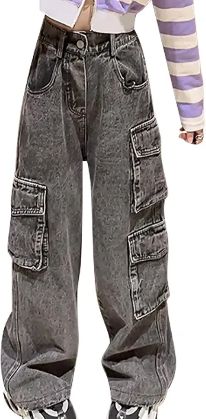 SEAUR Girls Baggy Straight Wide Leg Ripped Jeans Kids Fashion Elastic High Waist Denim Pants