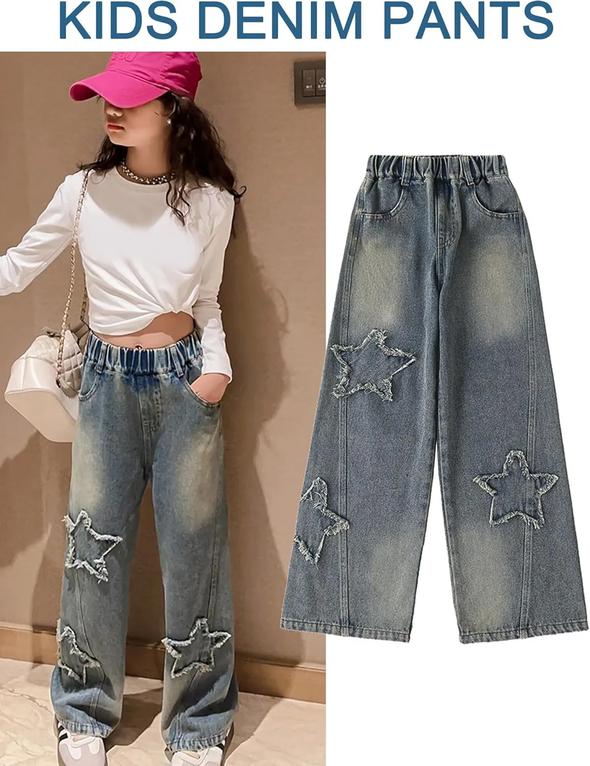 SEAUR Girls Baggy Straight Wide Leg Ripped Jeans Kids Fashion Elastic High Waist Denim Pants