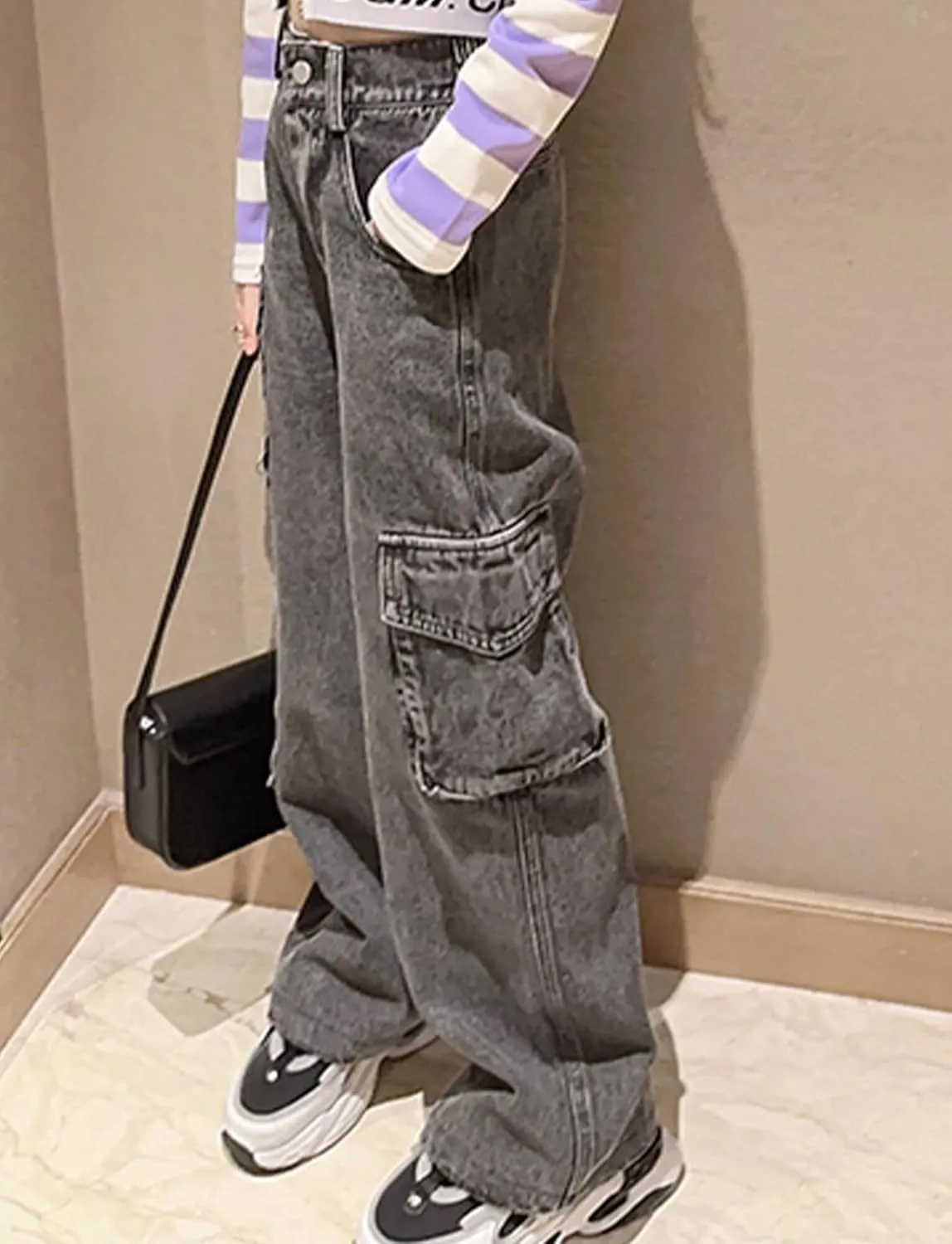 SEAUR Girls Baggy Straight Wide Leg Ripped Jeans Kids Fashion Elastic High Waist Denim Pants
