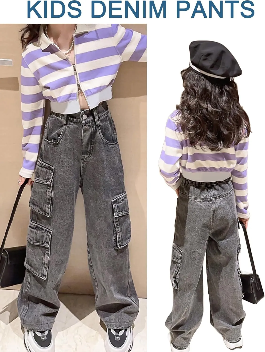 SEAUR Girls Baggy Straight Wide Leg Ripped Jeans Kids Fashion Elastic High Waist Denim Pants