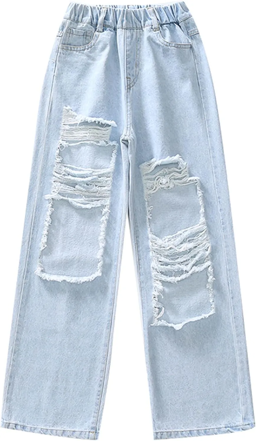 SEAUR Girls Baggy Straight Wide Leg Ripped Jeans Kids Fashion Elastic High Waist Denim Pants