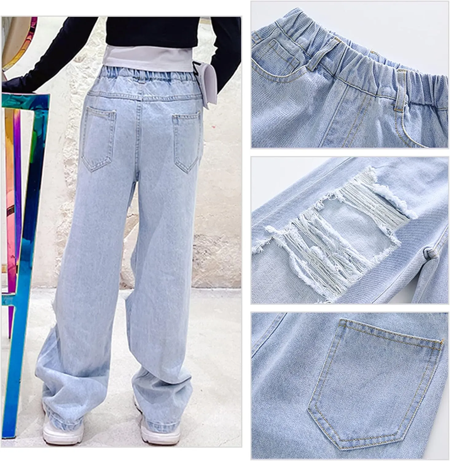 SEAUR Girls Baggy Straight Wide Leg Ripped Jeans Kids Fashion Elastic High Waist Denim Pants