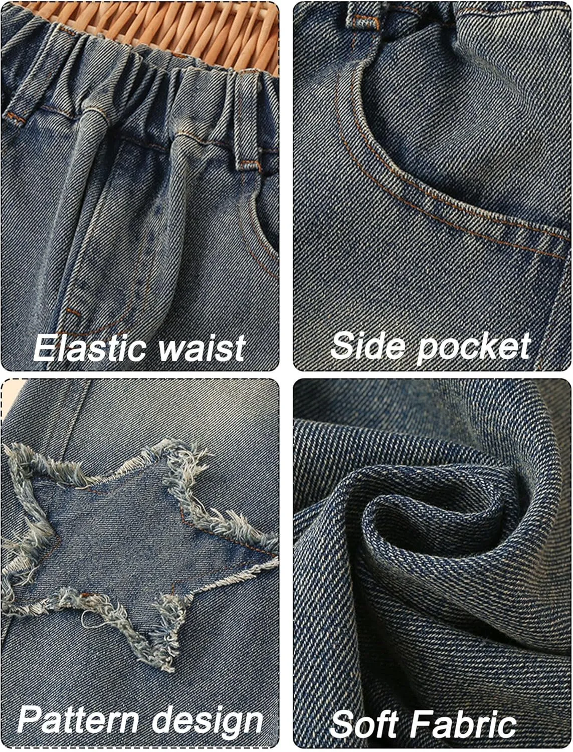 SEAUR Girls Baggy Straight Wide Leg Ripped Jeans Kids Fashion Elastic High Waist Denim Pants