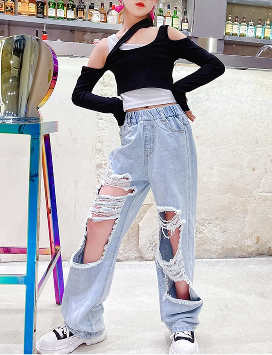 SEAUR Girls Baggy Straight Wide Leg Ripped Jeans Kids Fashion Elastic High Waist Denim Pants