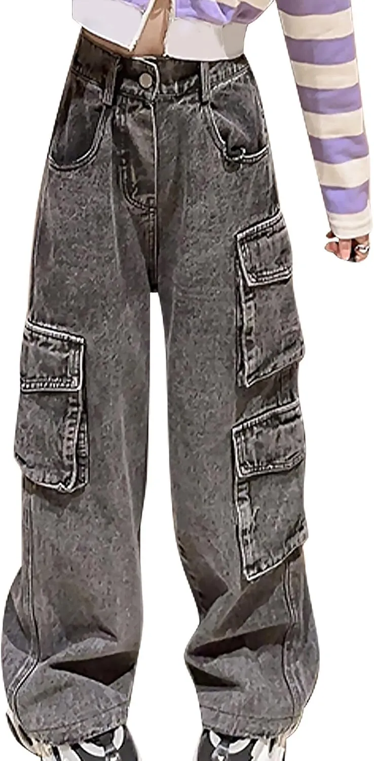 SEAUR Girls Baggy Straight Wide Leg Ripped Jeans Kids Fashion Elastic High Waist Denim Pants