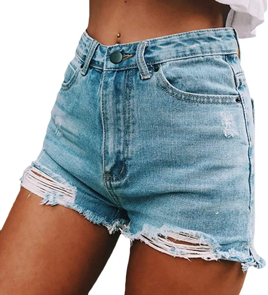 Sexyshine Women's High Waist Distressed Casual Cut Off Ripped Jeans Denim Shorts