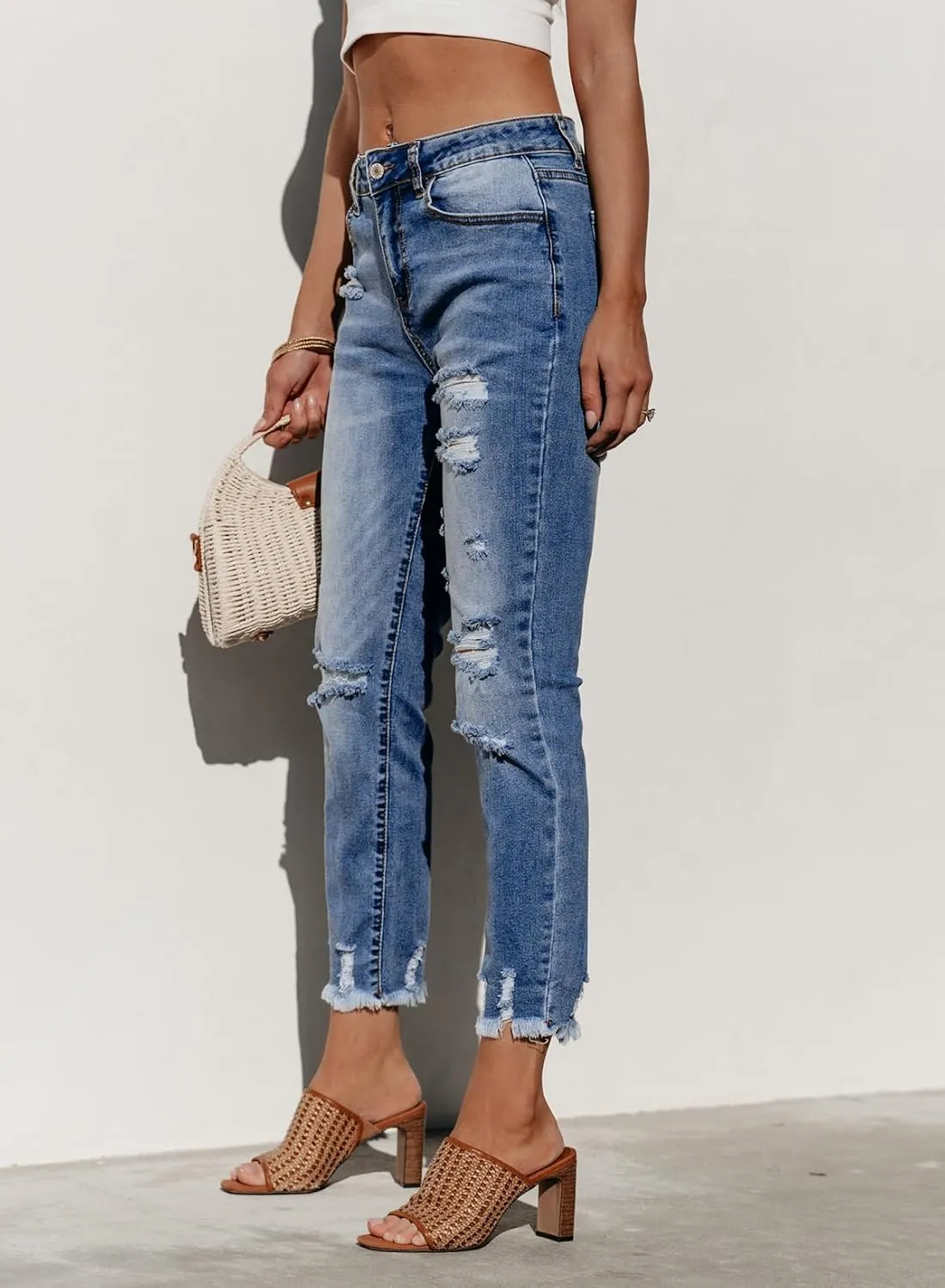 Sidefeel Women's Ripped Jeans Straight Leg Distressed Boyfriend Denim Pants