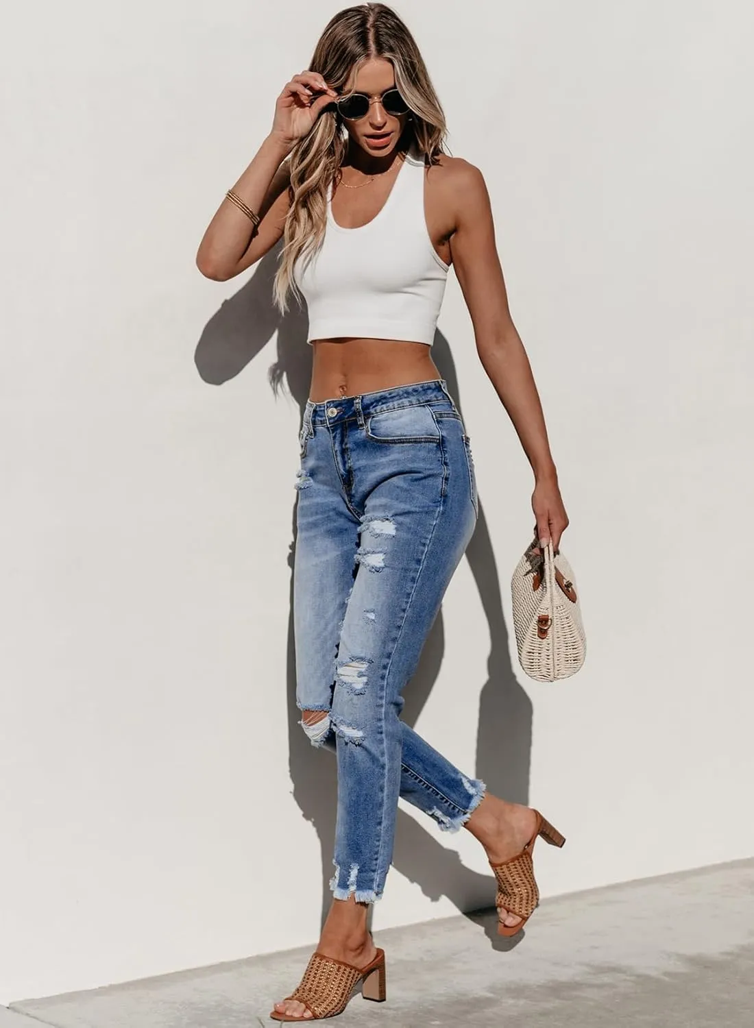 Sidefeel Women's Ripped Jeans Straight Leg Distressed Boyfriend Denim Pants