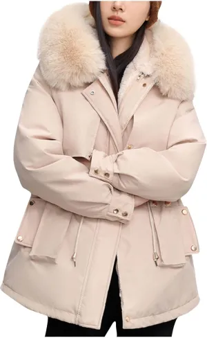 Snow Jackets for Women Winter Warm down Coats Plus Size Fuzzy Hooded Puffer Jackets Outdoor Waterproof Parka Coats