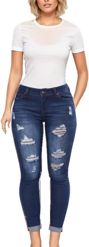 Sorrica Women Skinny Ripped Jeans Stretch High Waisted Distressed Butt Lifting Denim Pants