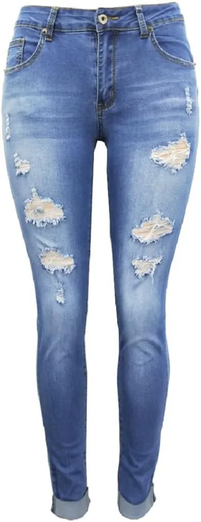 Sorrica Women Skinny Ripped Jeans Stretch High Waisted Distressed Butt Lifting Denim Pants