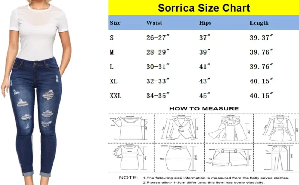Sorrica Women Skinny Ripped Jeans Stretch High Waisted Distressed Butt Lifting Denim Pants