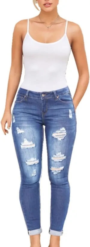 Sorrica Women Skinny Ripped Jeans Stretch High Waisted Distressed Butt Lifting Denim Pants