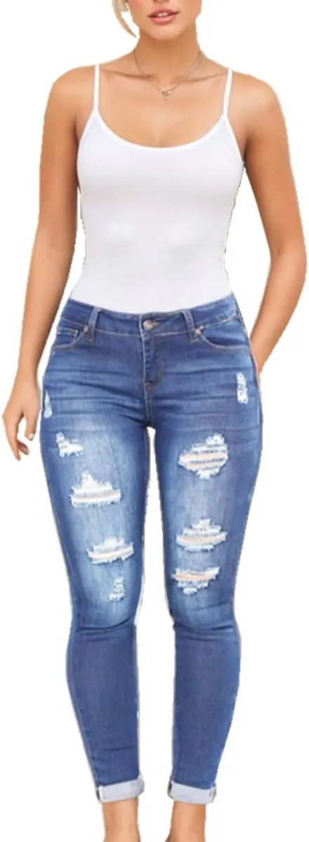 Sorrica Women Skinny Ripped Jeans Stretch High Waisted Distressed Butt Lifting Denim Pants