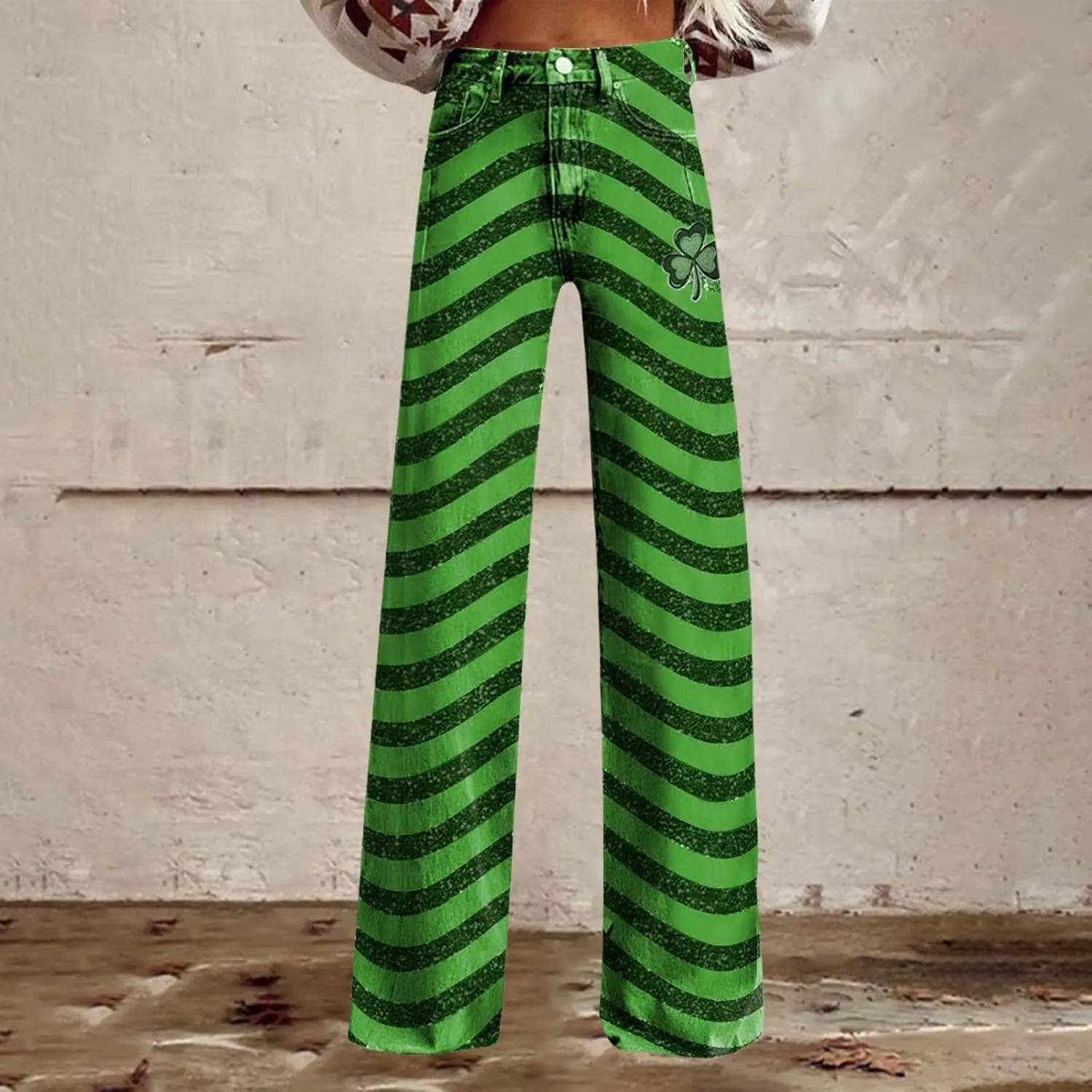 St Patrick's Day Jeans for Women Wide Leg Baggy Vintage Irish Clover Printed High Waisted Straight Pants with Pocket