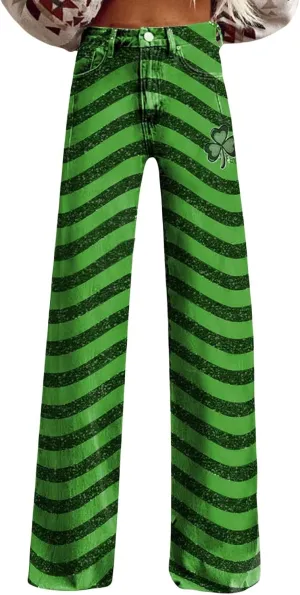St Patrick's Day Jeans for Women Wide Leg Baggy Vintage Irish Clover Printed High Waisted Straight Pants with Pocket