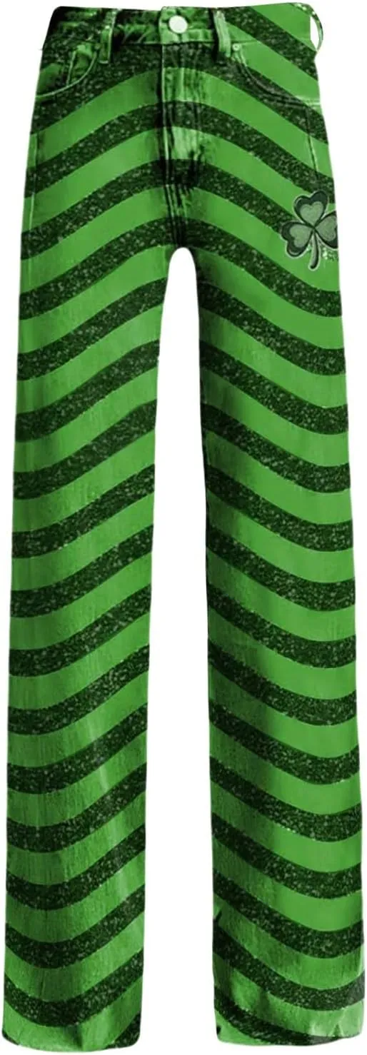 St Patrick's Day Jeans for Women Wide Leg Baggy Vintage Irish Clover Printed High Waisted Straight Pants with Pocket