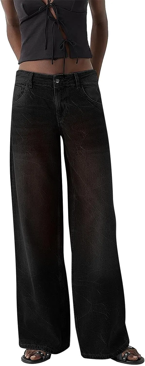 Straight Leg Jeans for Women,Trendy Retro High Waisted Wide Leg Stretch Boyfriend Denim Pants