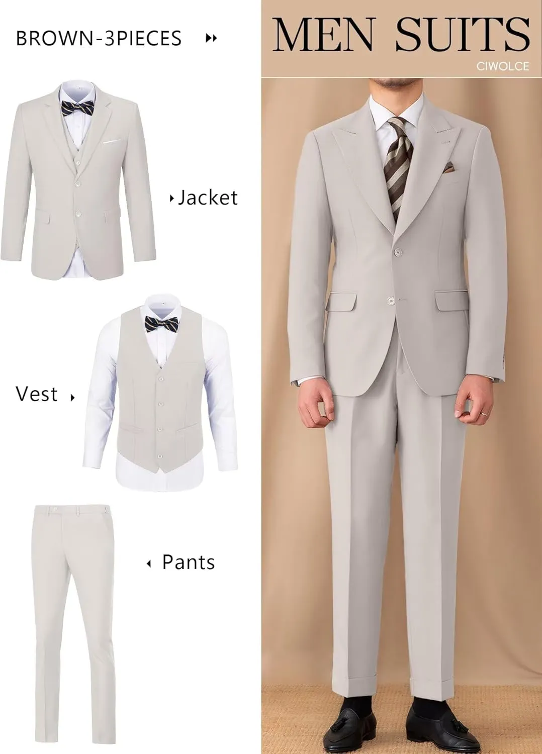 Suit for Men Wedding Slim Fit 3 Piece Set Blazer Jacket Vest Pants Tuxedo Suits for Groomsmen Business Prom Party Sport Coat
