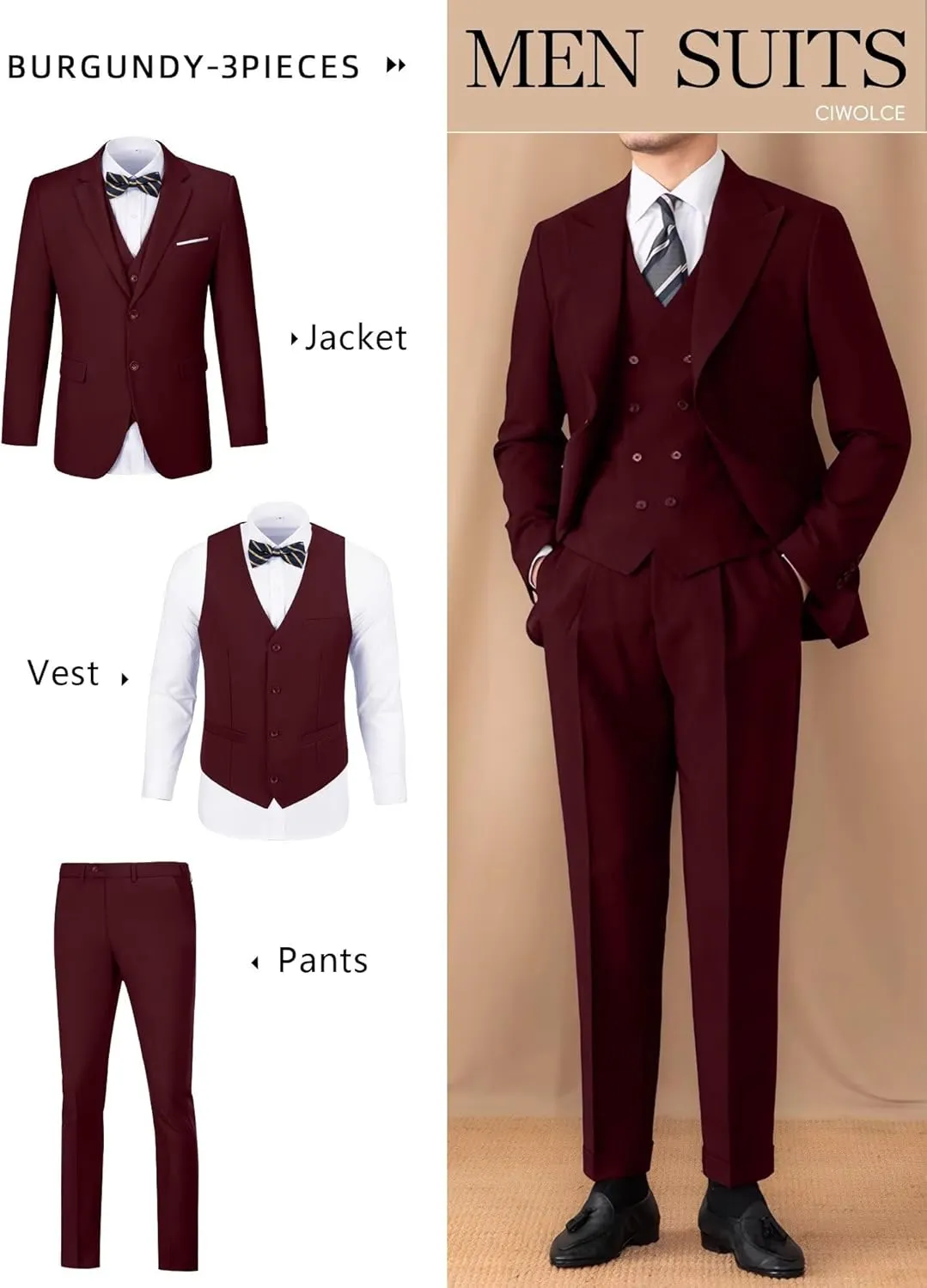 Suit for Men Wedding Slim Fit 3 Piece Set Blazer Jacket Vest Pants Tuxedo Suits for Groomsmen Business Prom Party Sport Coat