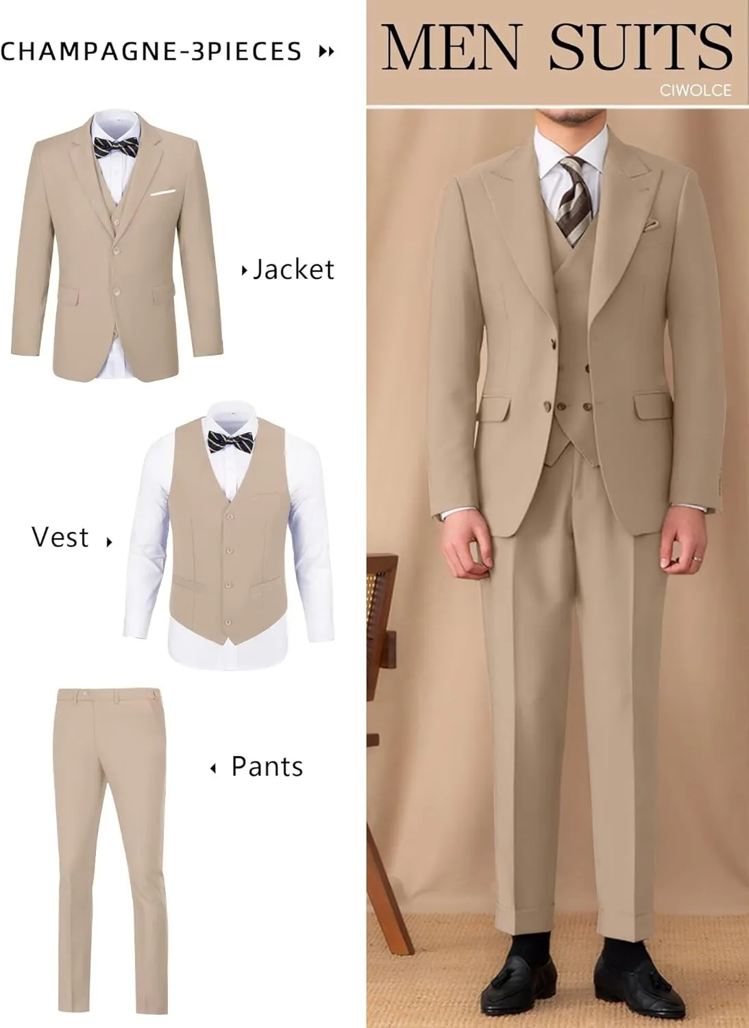 Suit for Men Wedding Slim Fit 3 Piece Set Blazer Jacket Vest Pants Tuxedo Suits for Groomsmen Business Prom Party Sport Coat