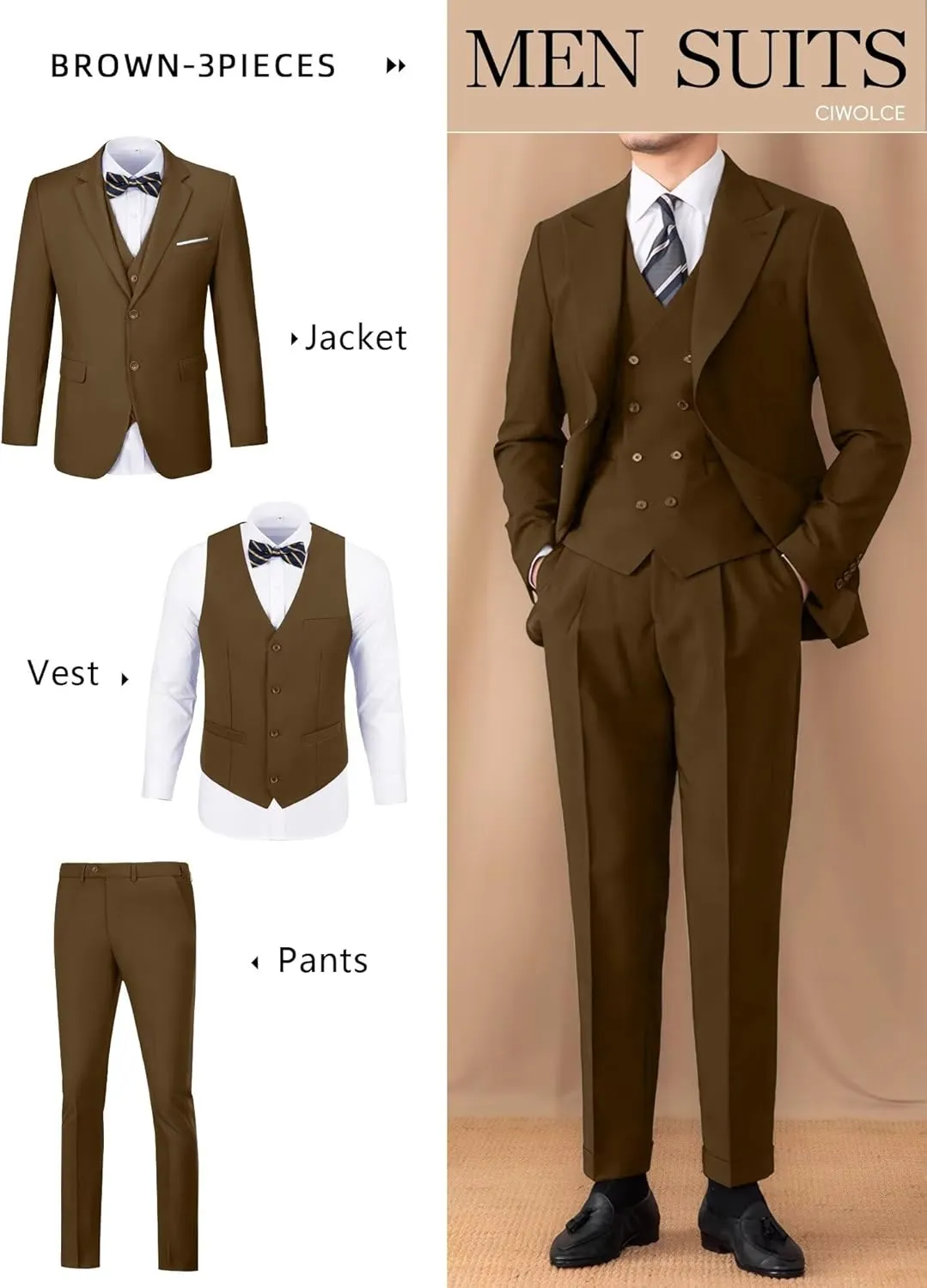Suit for Men Wedding Slim Fit 3 Piece Set Blazer Jacket Vest Pants Tuxedo Suits for Groomsmen Business Prom Party Sport Coat