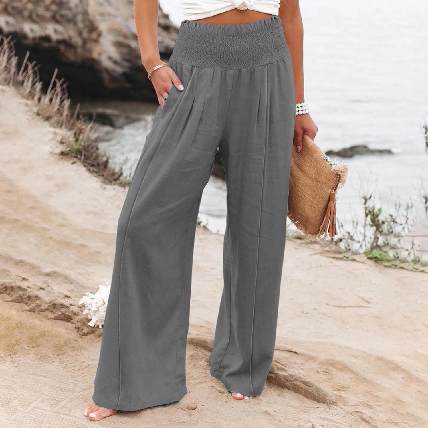 Summer Cotton Linen Pants Women Pleated High Waisted Wide Leg Pants Boho Lounge Pant Baggy Palazzo Pant