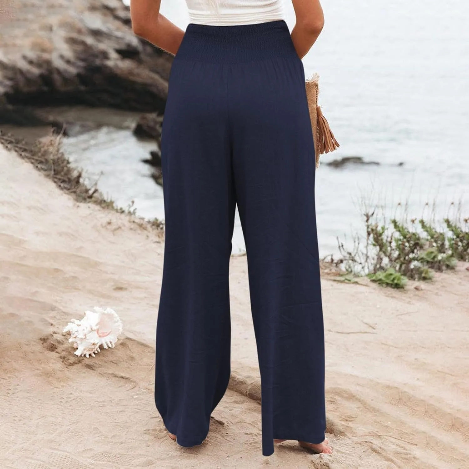 Summer Cotton Linen Pants Women Pleated High Waisted Wide Leg Pants Boho Lounge Pant Baggy Palazzo Pant