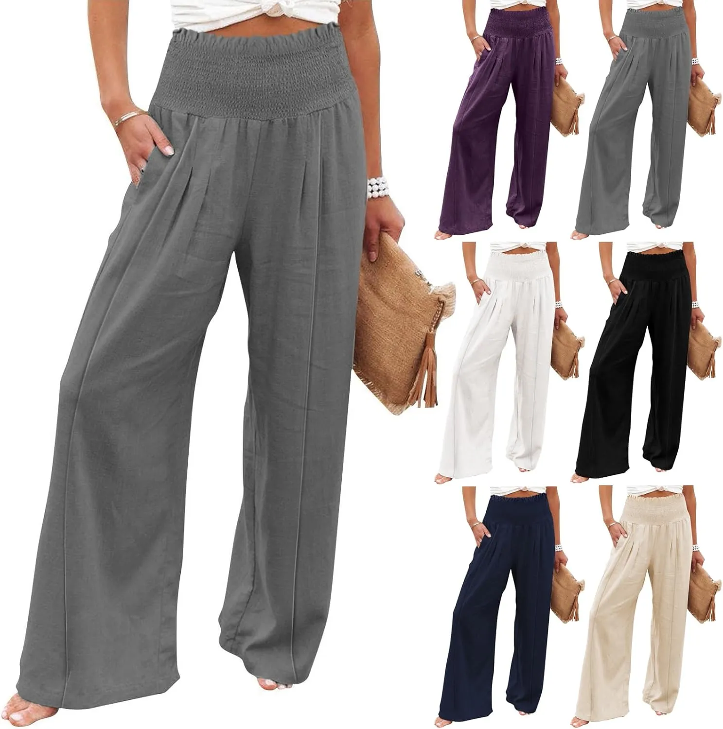 Summer Cotton Linen Pants Women Pleated High Waisted Wide Leg Pants Boho Lounge Pant Baggy Palazzo Pant