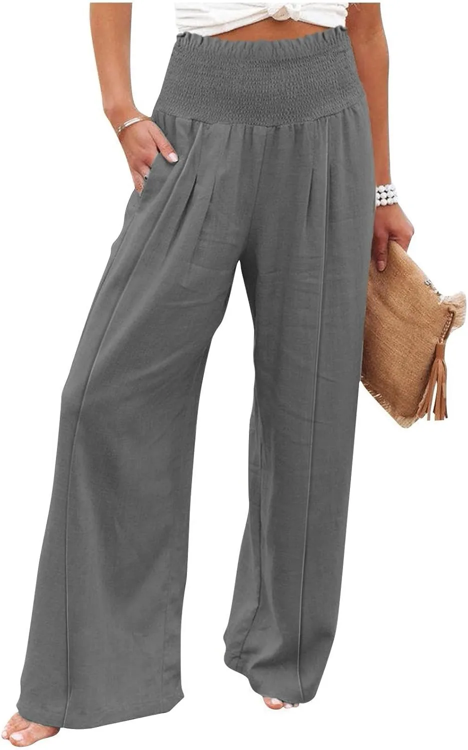 Summer Cotton Linen Pants Women Pleated High Waisted Wide Leg Pants Boho Lounge Pant Baggy Palazzo Pant