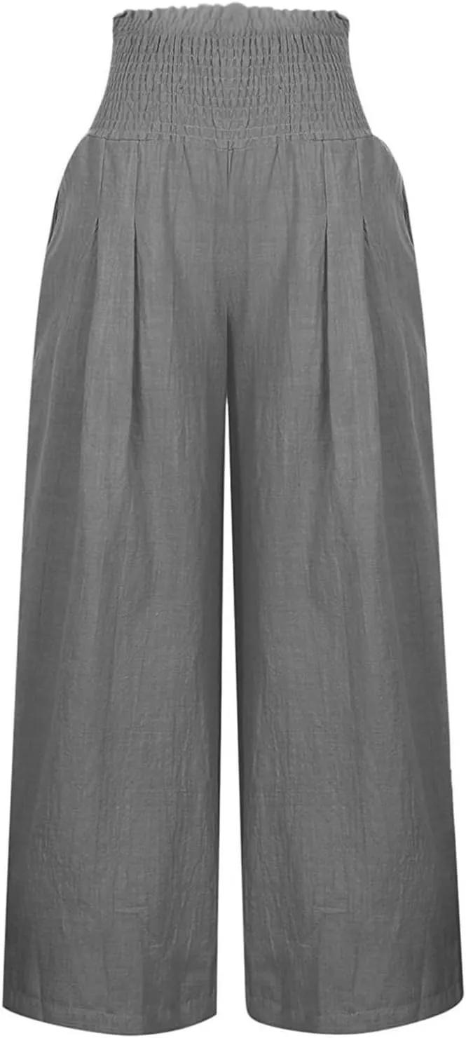 Summer Cotton Linen Pants Women Pleated High Waisted Wide Leg Pants Boho Lounge Pant Baggy Palazzo Pant