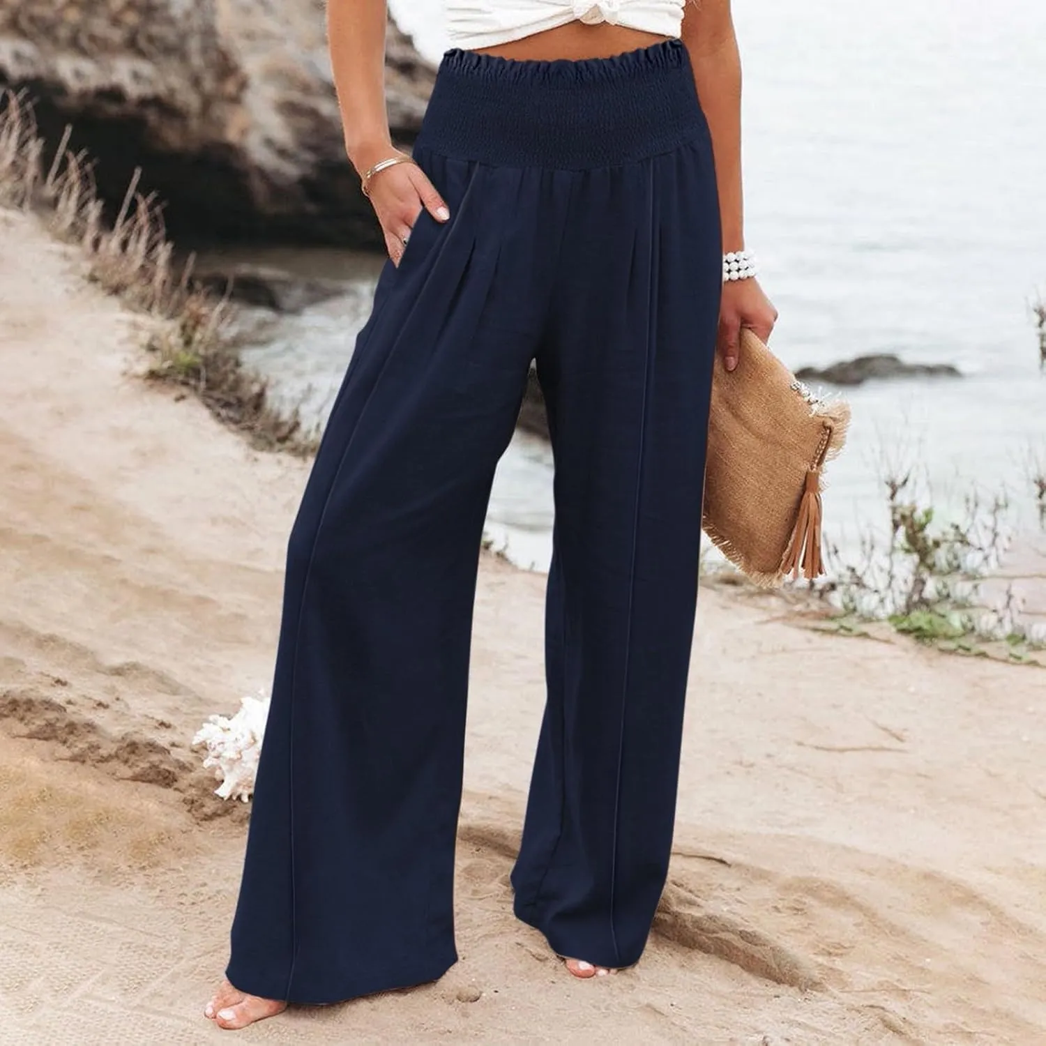 Summer Cotton Linen Pants Women Pleated High Waisted Wide Leg Pants Boho Lounge Pant Baggy Palazzo Pant