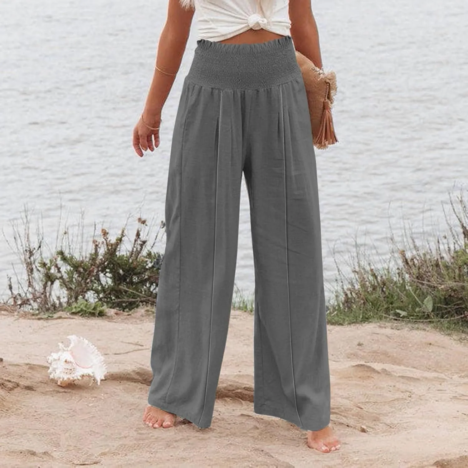 Summer Cotton Linen Pants Women Pleated High Waisted Wide Leg Pants Boho Lounge Pant Baggy Palazzo Pant