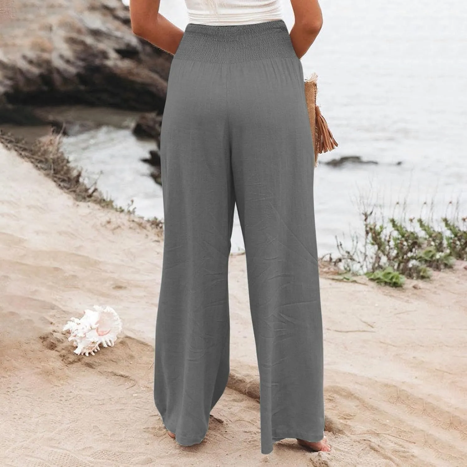 Summer Cotton Linen Pants Women Pleated High Waisted Wide Leg Pants Boho Lounge Pant Baggy Palazzo Pant