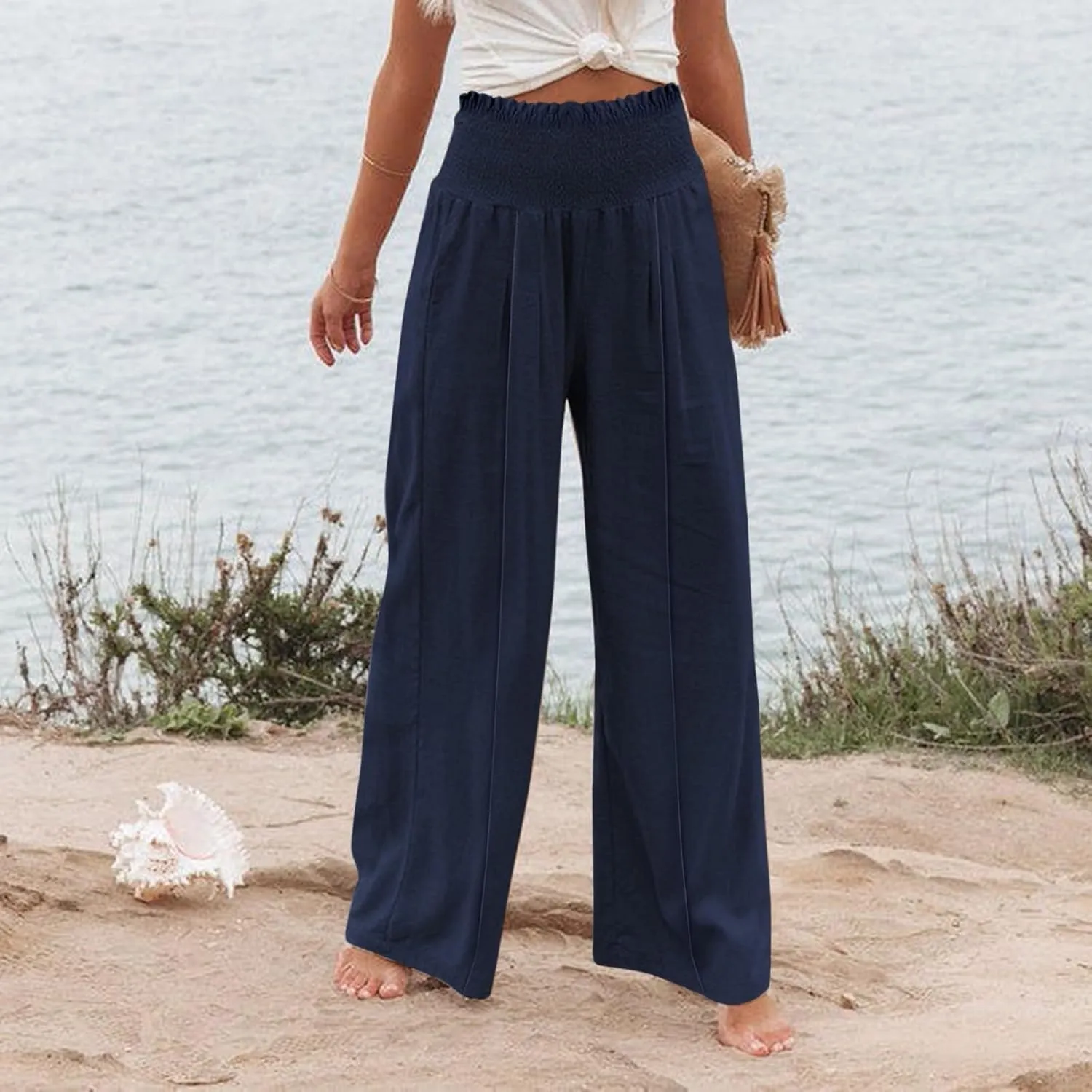 Summer Cotton Linen Pants Women Pleated High Waisted Wide Leg Pants Boho Lounge Pant Baggy Palazzo Pant