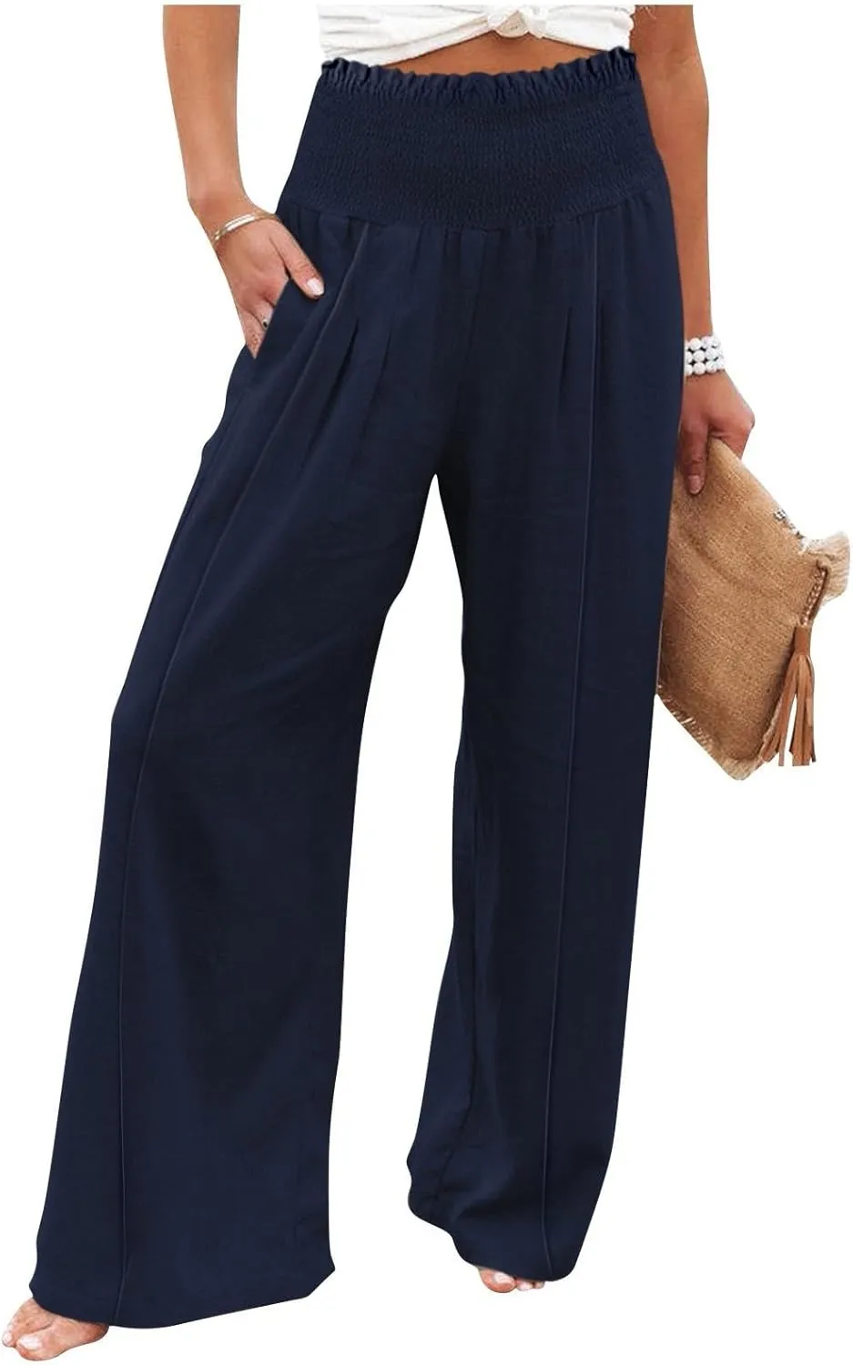 Summer Cotton Linen Pants Women Pleated High Waisted Wide Leg Pants Boho Lounge Pant Baggy Palazzo Pant