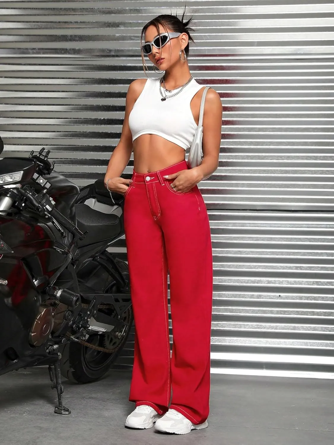 SweatyRocks Women's High Waist Zipper Solid Denim Pants Casual Straight Leg Jeans Pants Trousers