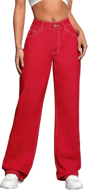 SweatyRocks Women's High Waist Zipper Solid Denim Pants Casual Straight Leg Jeans Pants Trousers