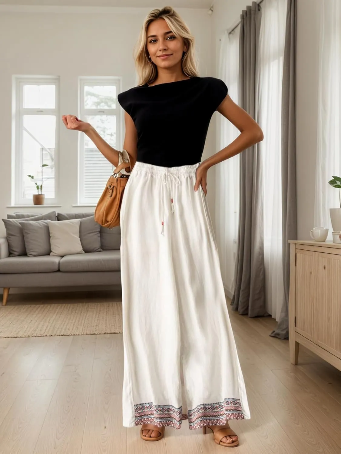 TIAFORD Womens Cotton Linen Ethnic Embroidered Hem Wide Leg Pants Drawstring High Waist Casual Loose Trousers with Pockets