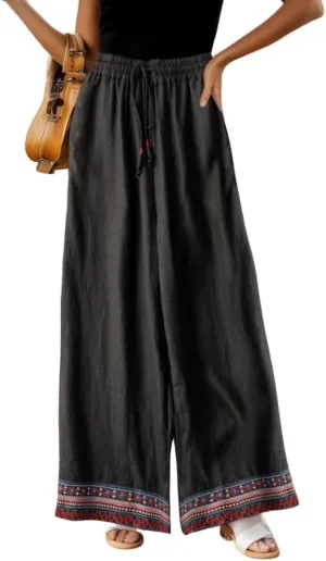 TIAFORD Womens Cotton Linen Ethnic Embroidered Hem Wide Leg Pants Drawstring High Waist Casual Loose Trousers with Pockets