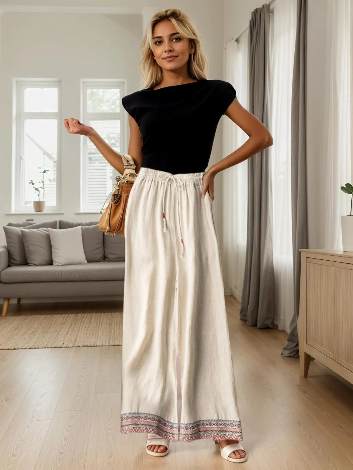 TIAFORD Womens Cotton Linen Ethnic Embroidered Hem Wide Leg Pants Drawstring High Waist Casual Loose Trousers with Pockets